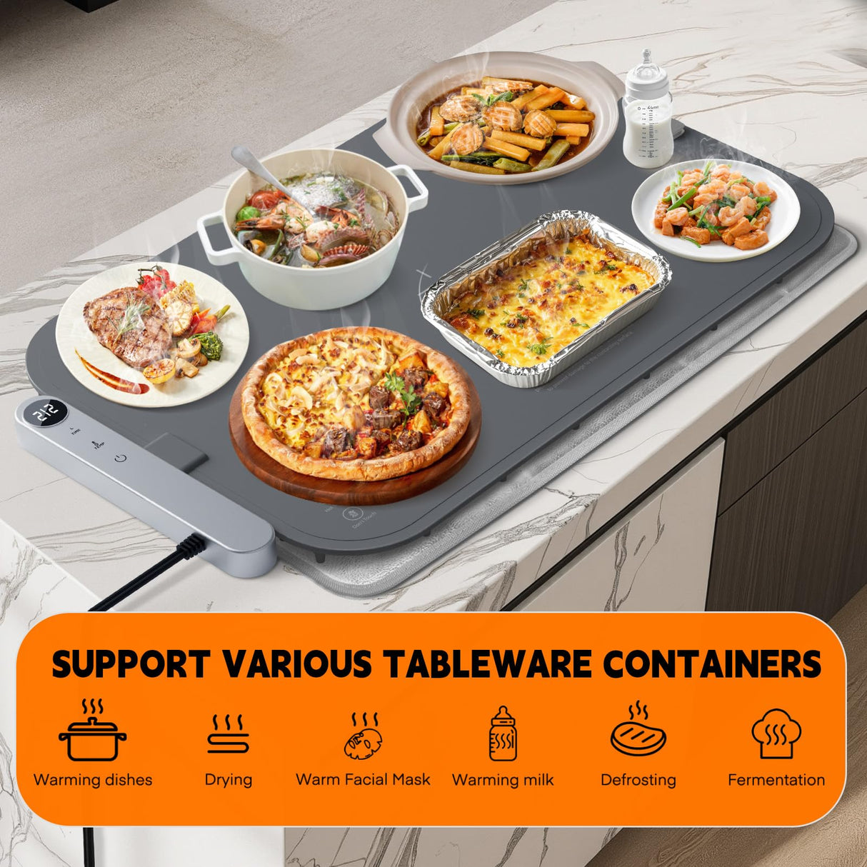 Homelove Warming Mat for Food - Electric Warming Tray with 6-Level Temperature and Hours Setting, Full Surface Graphene Heating, Waterproof Dishwasher-Friendly Food Warmer for Parties, Kitchen (Gray)