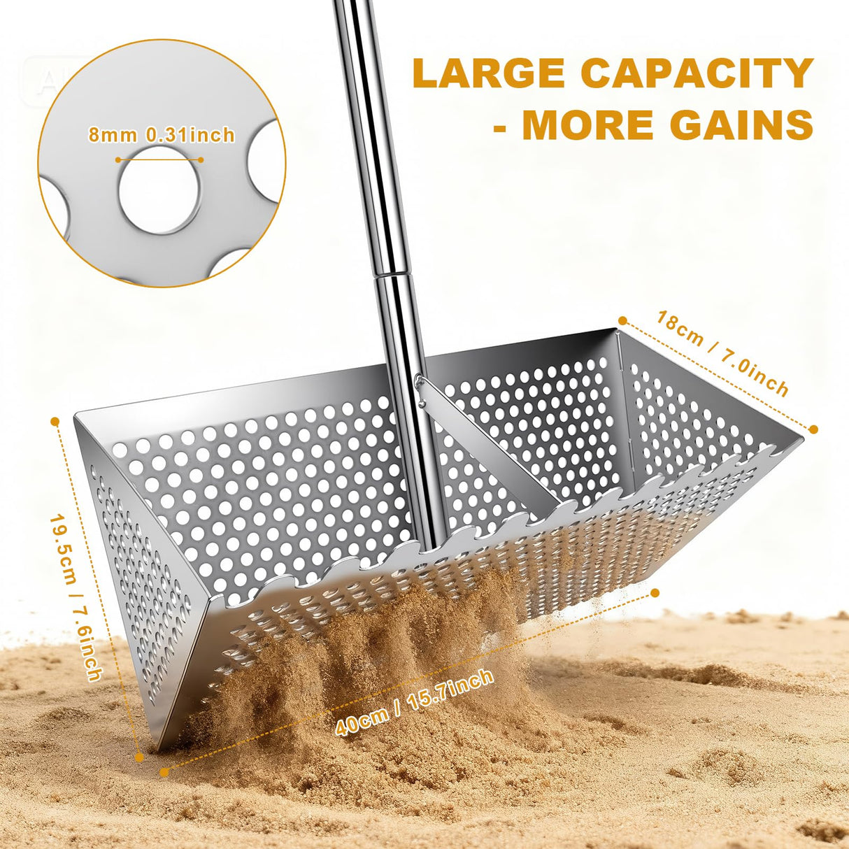 Sea Flea Rake for Beach - Premium 304 Stainless Steel Sand Sifter w 48'' Ergonomic Curved Long Handle, Beach Sifter w Large Basket w Curved Teeth, Sand Crab Catcher for Shark Teeth, Shells