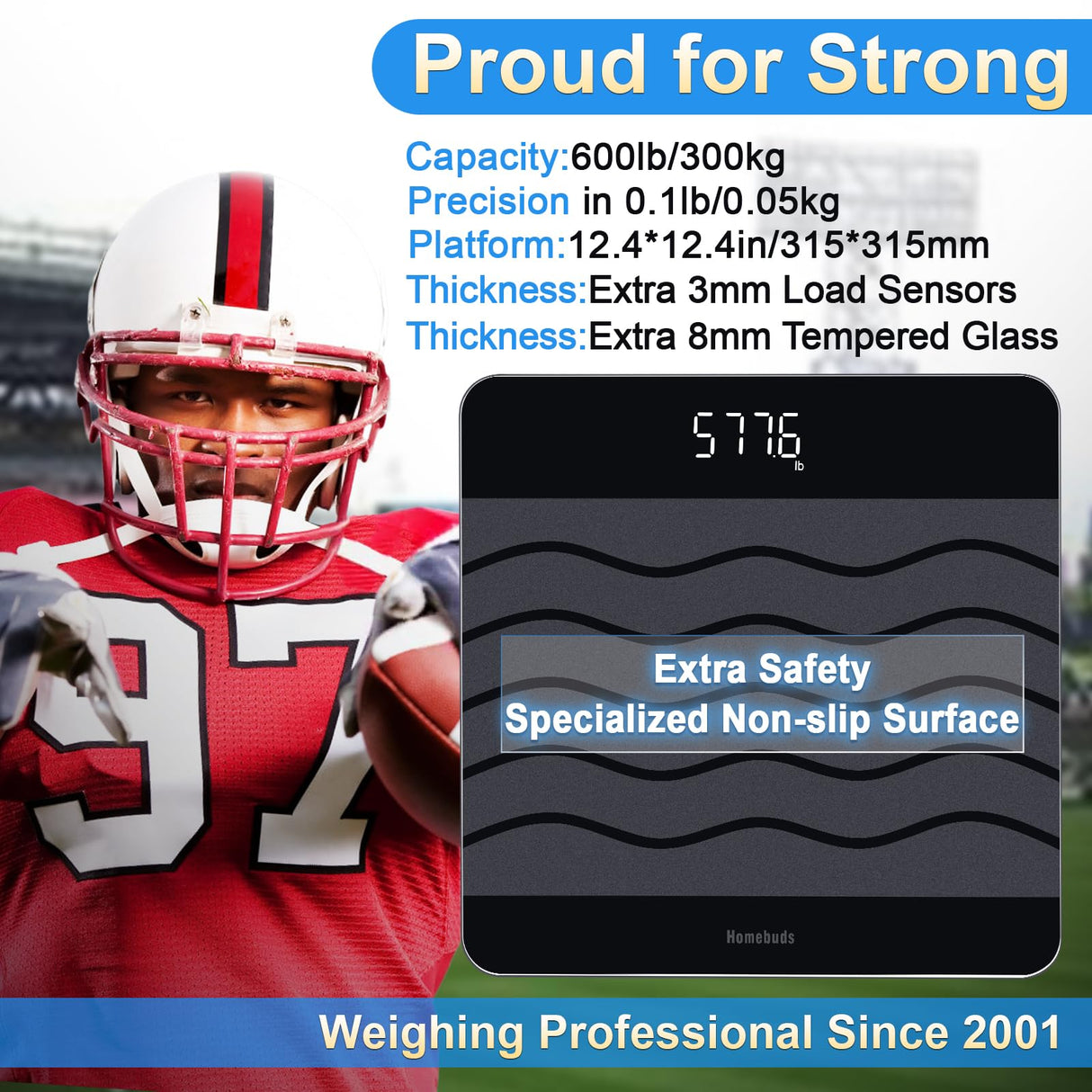 Homebuds 600lb Digital Bathroom Scale for Body Weight and BMI Via Smart APP, High Accuracy in 0.1lb Assured by Weighing Professional Since 2001, 8mm Tempered Glass, Extra Large LED Display, Black