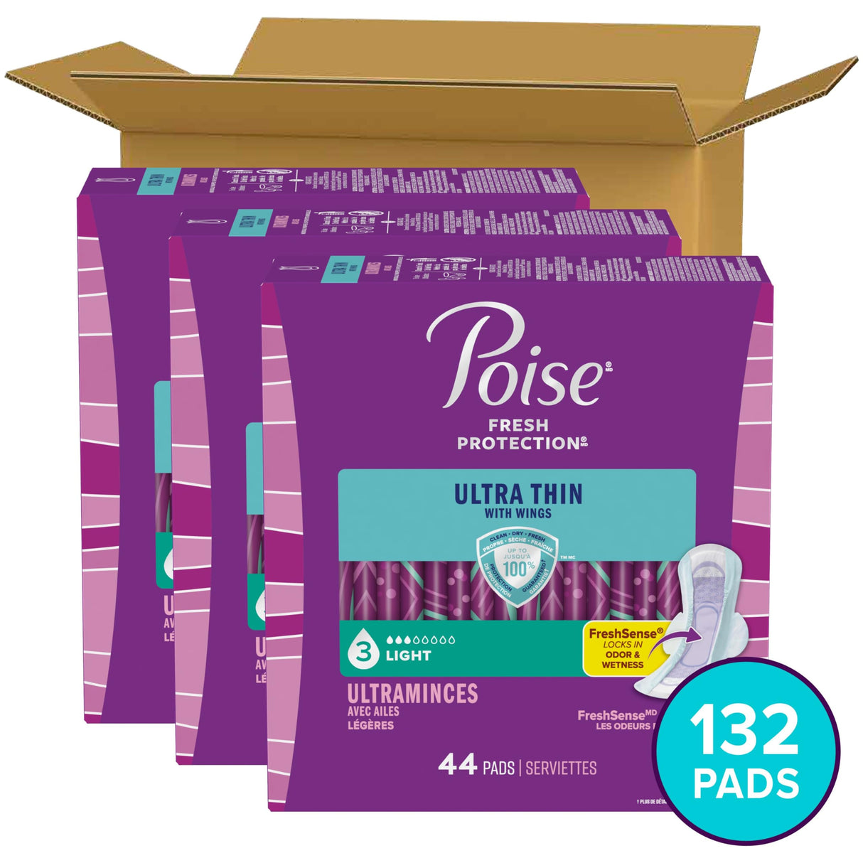 Poise Ultra Thin Incontinence & Postpartum Pads with Wings for Bladder Leaks, 3 Drop Light Absorbency, Regular Length, 132 Count, Packaging May Vary