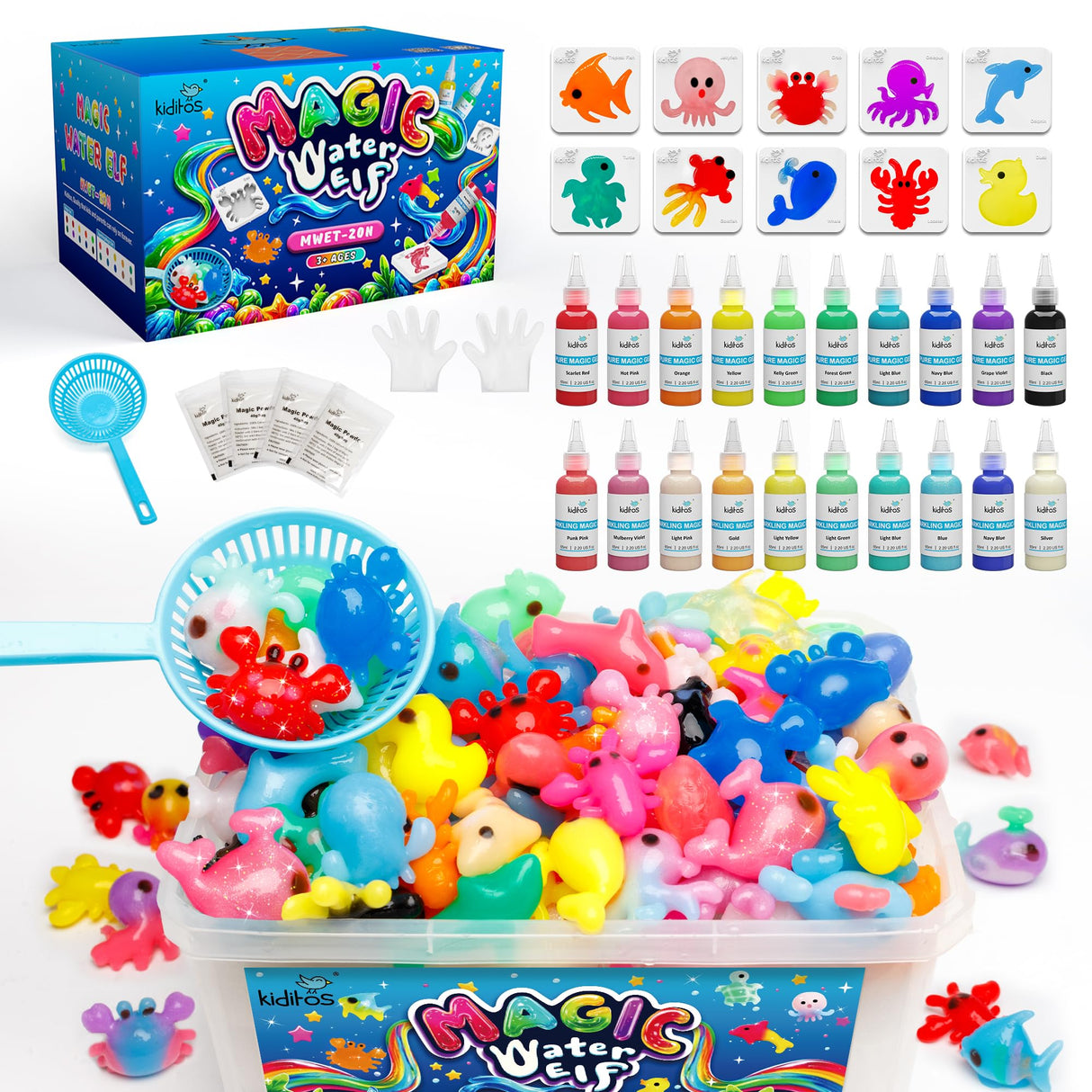 Kiditos Magic Water Elf Toy Kit–Squishies for Kids, 20 Gels & 10 Molds, Magic Gel Water Pets Sensory Toy, Fun DIY Craft Kit，Party Favors, Birthday & Christmas Gifts for Kids Ages 3+
