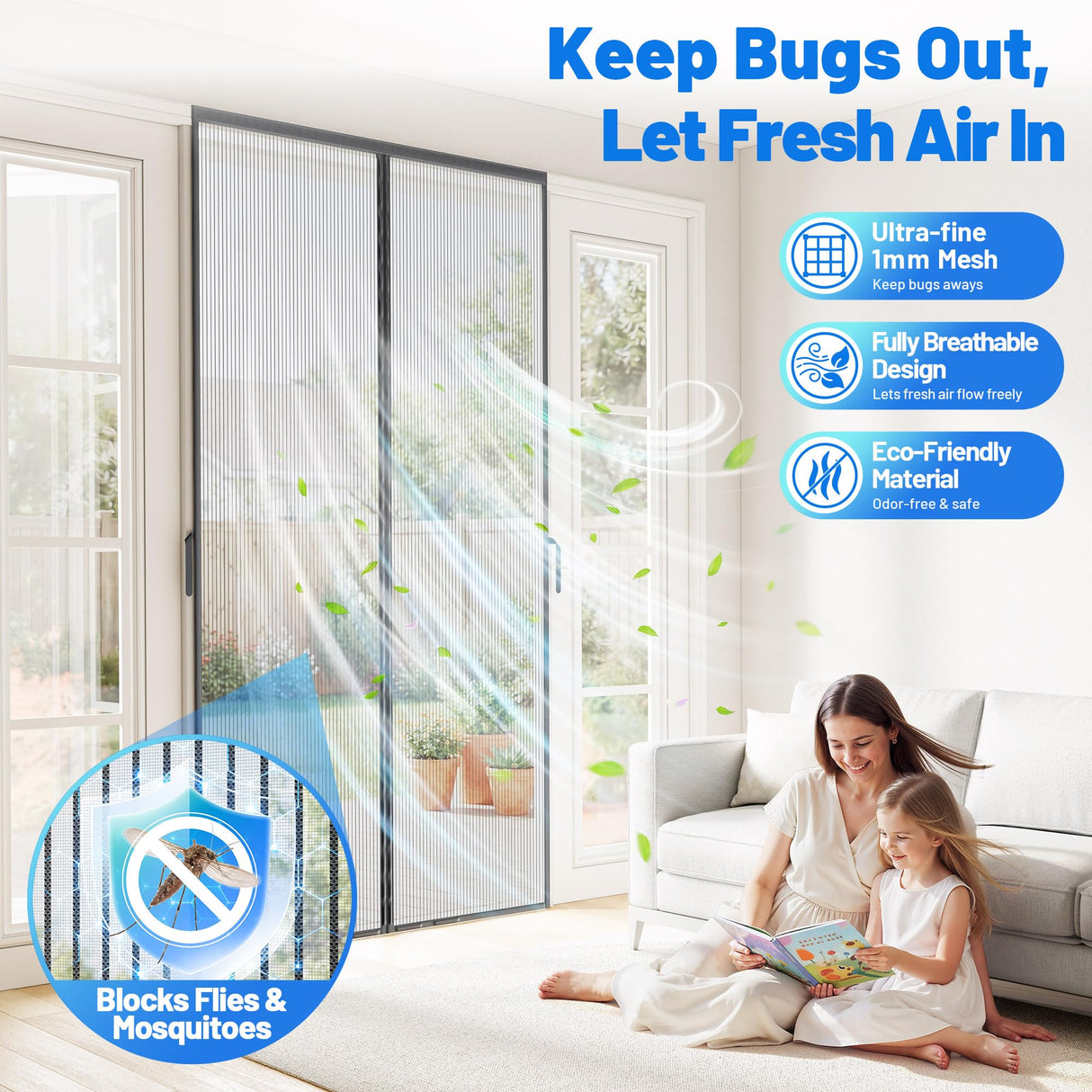 Heavy Duty Magnetic Screen Door Mesh - Auto-Sealing Hand-Free Door Net Screen with 50 Magnets, Pet & Kid Friendly, PET Fine Mesh Doors Screens Keep Bugs & Mosquitos Out Fits Front Doors Size 32” x 80”