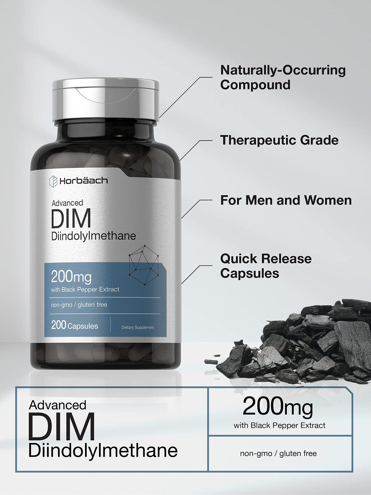 Horbäach DIM Supplement for Women and Men | 200mg | 200 Capsules | Advanced Diindolylmethane | with Black Pepper Extract | Non-GMO, Gluten Free