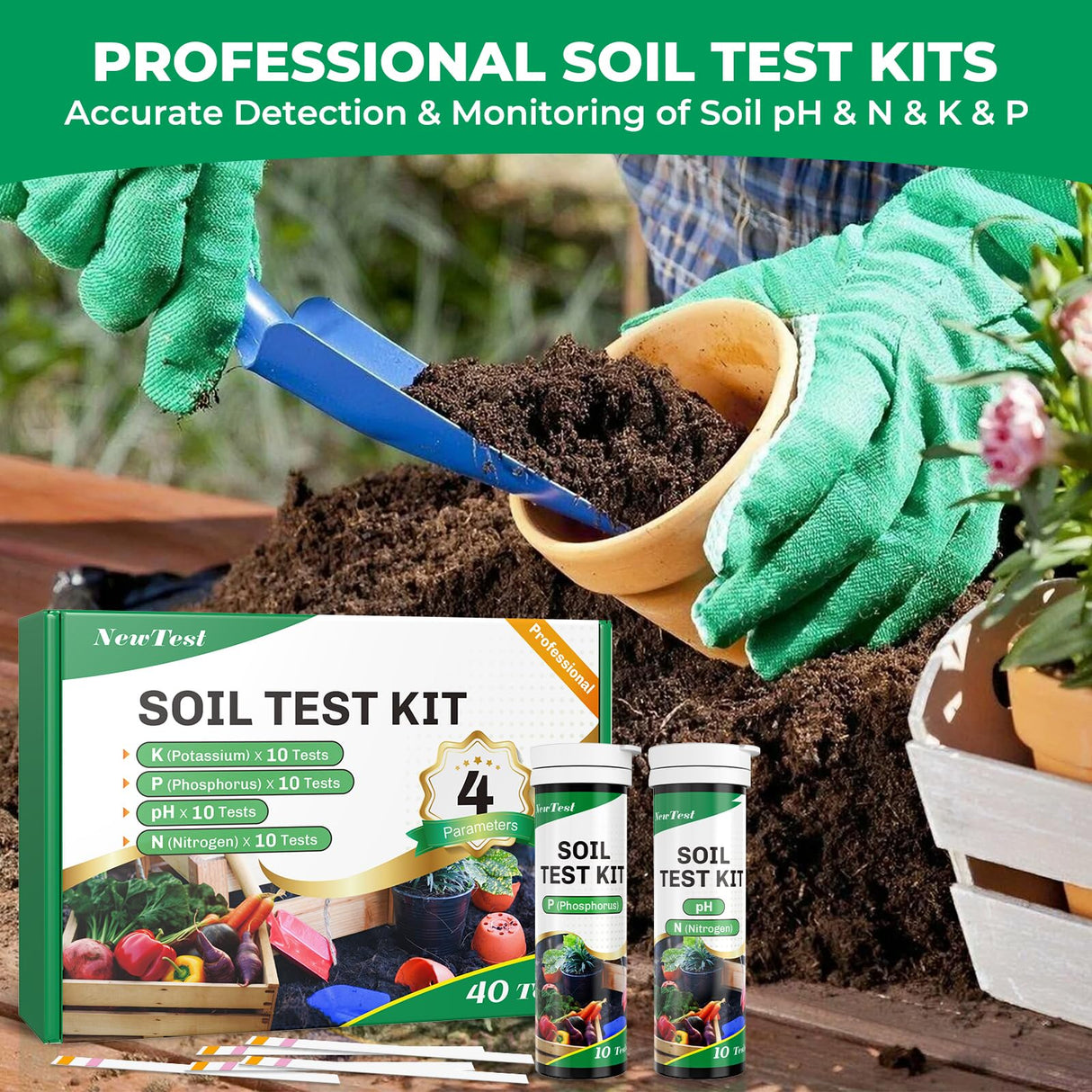NewTest Soil Test Kit 4 Parameters: 40 Tests Professional Soil Testing Kits