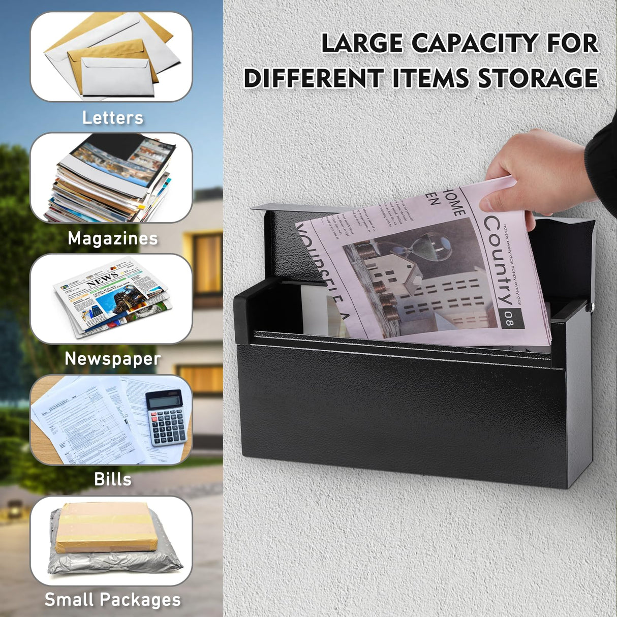 KYODOLED Wall-Mount Mailbox, Large Capacity Mail Box, Mailboxes for Outside, Galvanized Steel Rust-Proof Metal Post Box, 14.56" x7" x4.13" Black