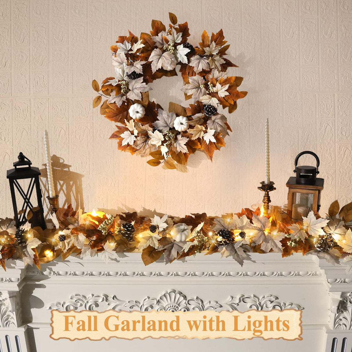 6 FT Fall Garland with Lights Automatic ON/Off Fall Leaves Mantle Garland with Pumpkins Berries Pinecones Outdoor Thanksgiving Christmas Autumn Centerpiece Decorations for Home Door Fireplace Porch