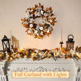 6 FT Fall Garland with Lights Automatic ON/Off Fall Leaves Mantle Garland with Pumpkins Berries Pinecones Outdoor Thanksgiving Christmas Autumn Centerpiece Decorations for Home Door Fireplace Porch