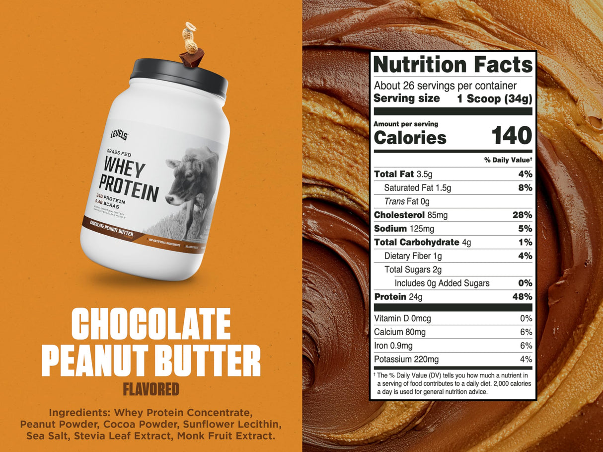 Levels Grass Fed Whey Protein Powder, No Artificials, 24G of Protein, Chocolate Peanut Butter, 2LB