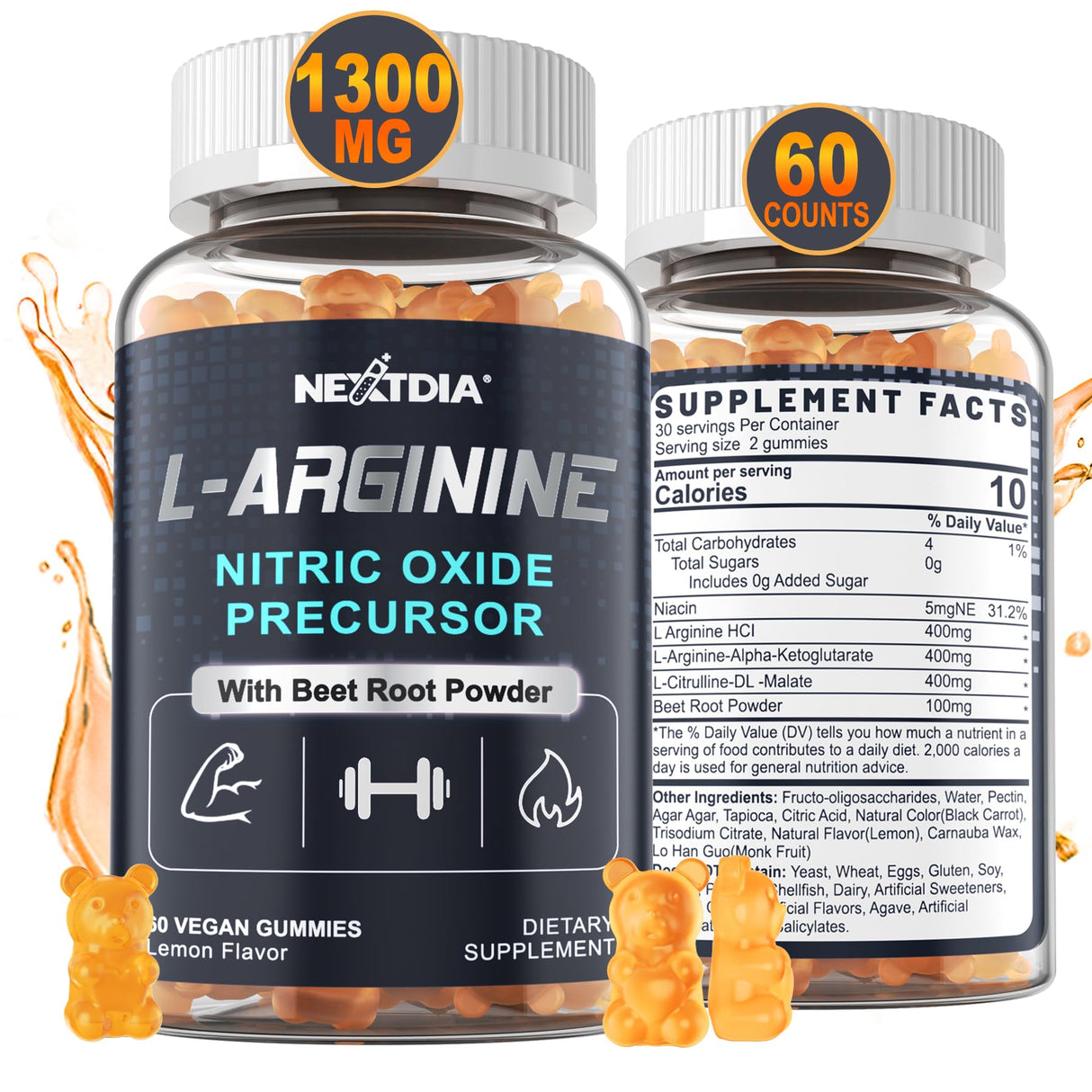 Sugar Free L Arginine Nitric Oxide Gummies 1300mg for Men & Women with L Citrulline, Beet Root, B3 | L Arginine L Citrulline Supplements for Performance, Muscle Growth & Recovery | Vegan, 60 Counts