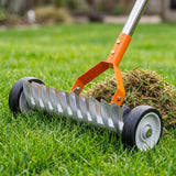 Thatch Rake 15 Inch with Wheels for Lawn Dethatching