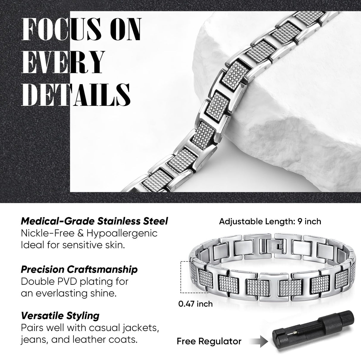 VNOX Mens Silver Bracelet Inoxidable Metal Stainless Steel Link Chain Bracelets Elegant Jewelry Gifts for Men Dad Husband,Adjustable