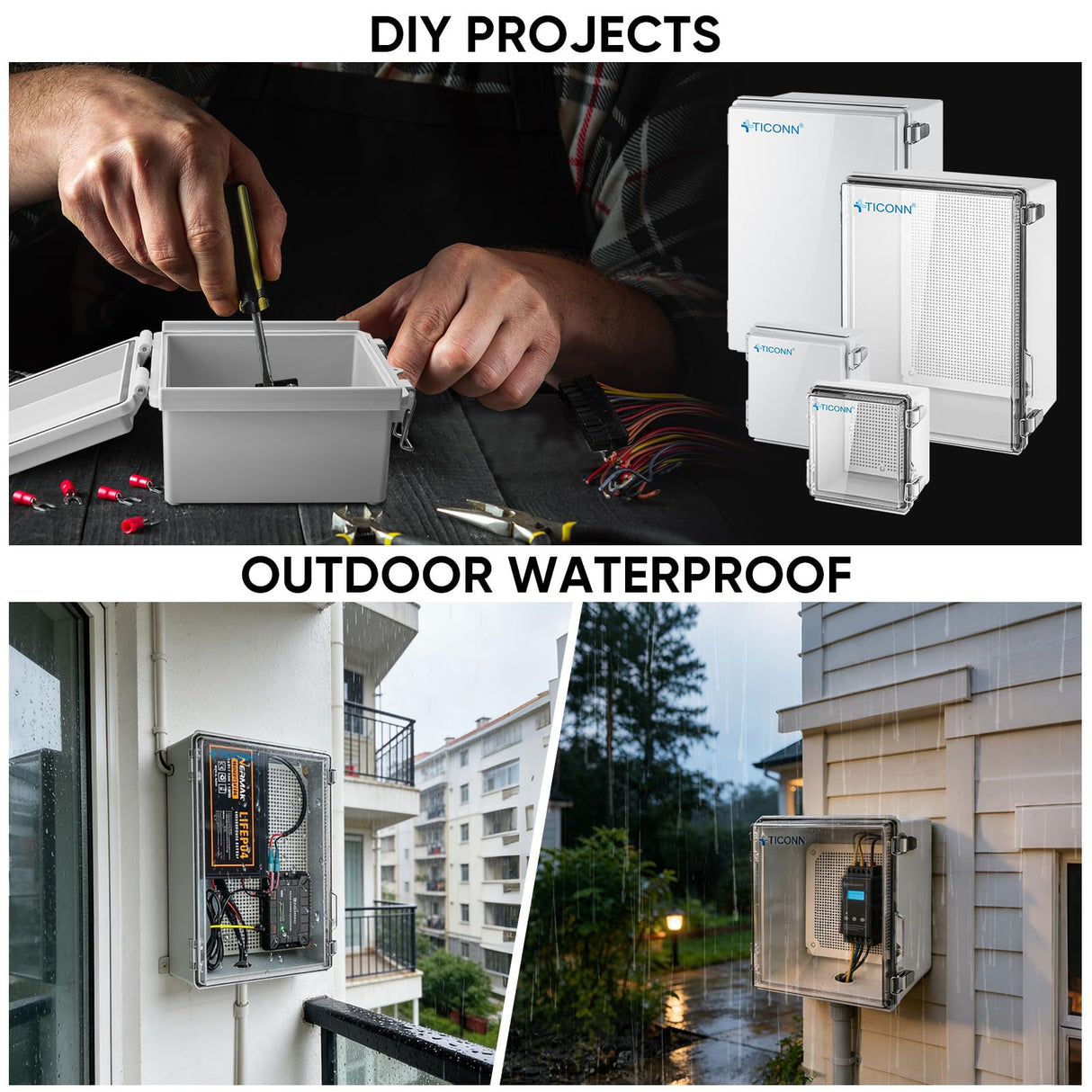 TICONN Outdoor Electrical Box Waterproof, Junction Box IP67 ABS Plastic Enclosure with Hinged Cover with Mounting Plate, Wall Brackets, Cable Glands (Off-White, 13.8"x9.8"x5.9")