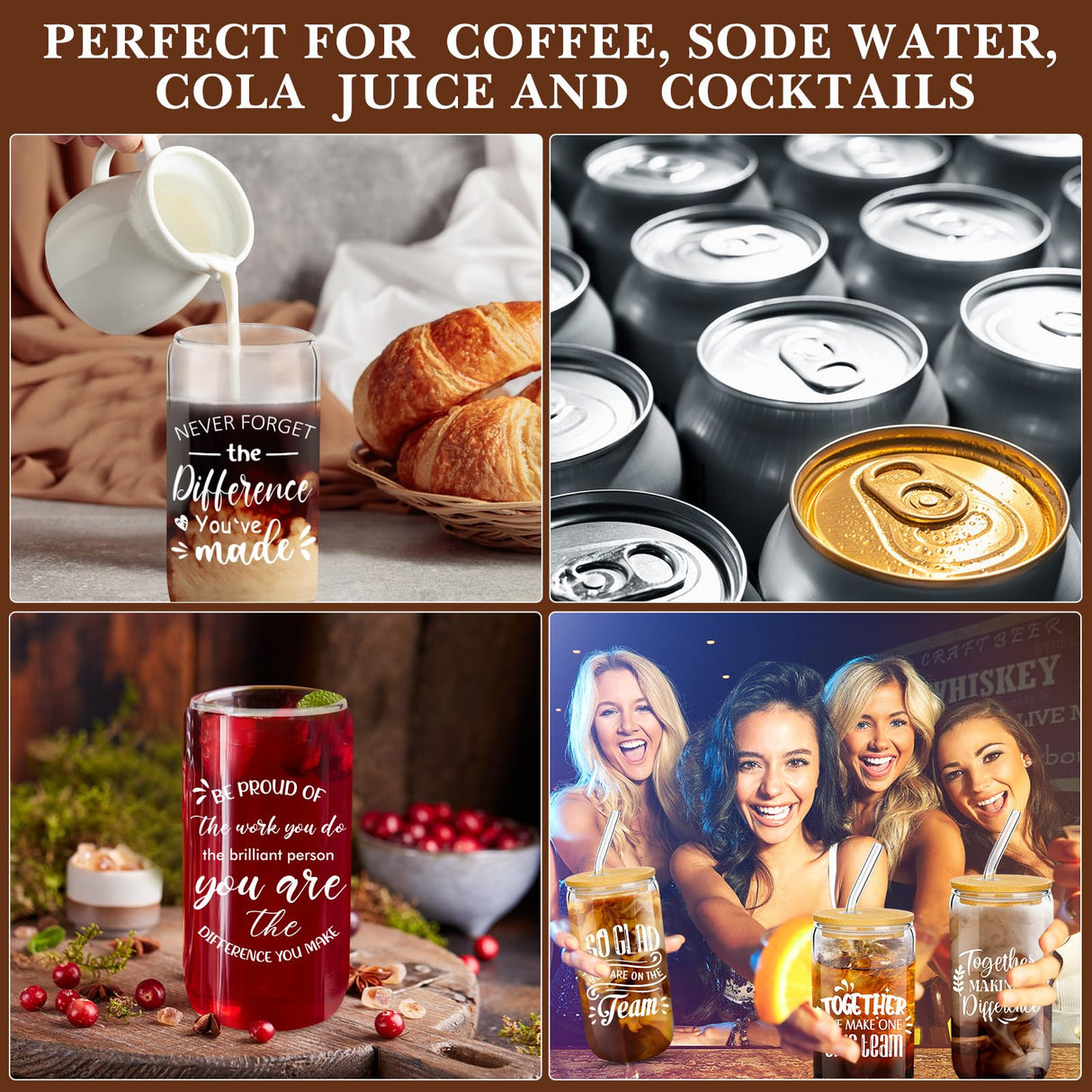 Purpeak 12 Set Employee Appreciation Gifts Christmas Appreciation Cups for Team Thank You Gifts Glass Cups for Staff Coworker 16 oz Can Shaped Beer Glass with Lids Straws Brushes(Mixed Style)