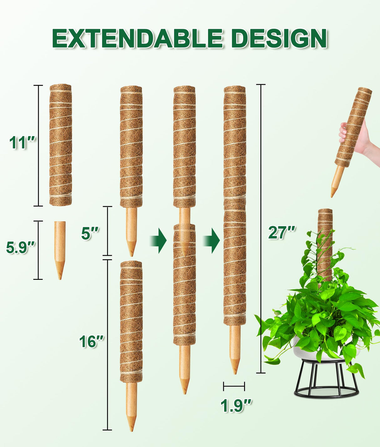 EAONE 96'' Moss Pole for Plants Indoor, 6 Pack 16” Monstera Plant Support Moss Stick for Climbing Plants, Stackable Coir Totem Pole Monstera Stakes with 12 Plant Labels & 100 Ties for Potted Plants