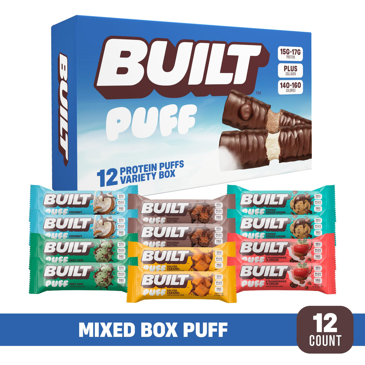 Built Bar, Puff Protein Bars, Variety Pack, Collagen, On-the-go Snacks, Breakfast Bar, Mixed Sampler, 12 Pack