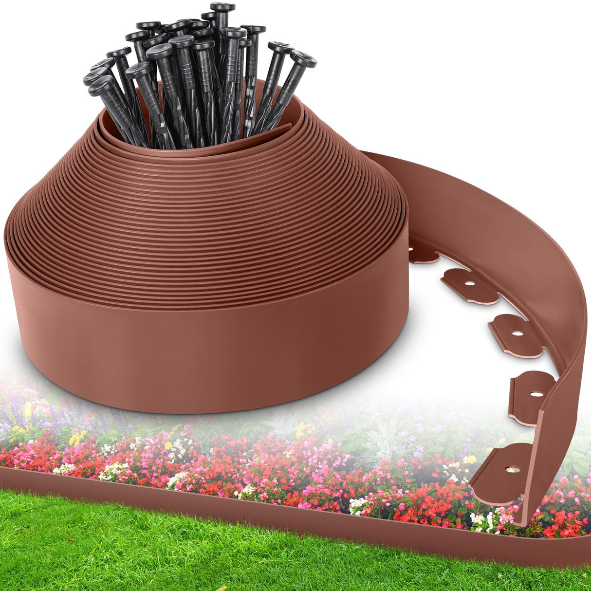 4-Inch x 100 FT Landscape Edging Border with 150 Stakes, Plastic Garden Edging Border Kit, Flexible No Dig Lawn Edging Border for Garden Flower Beds Yard Pathway Paver (Brown)