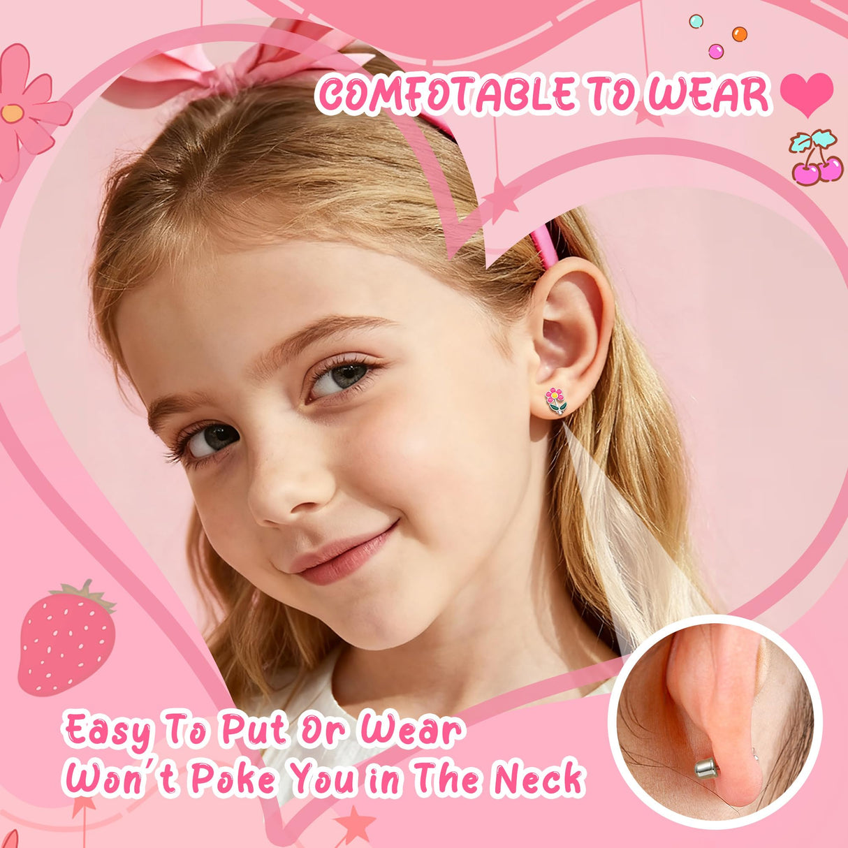 Hypoallergenic Screw Back Earrings for Women Girls Stainless Steel CZ Heart