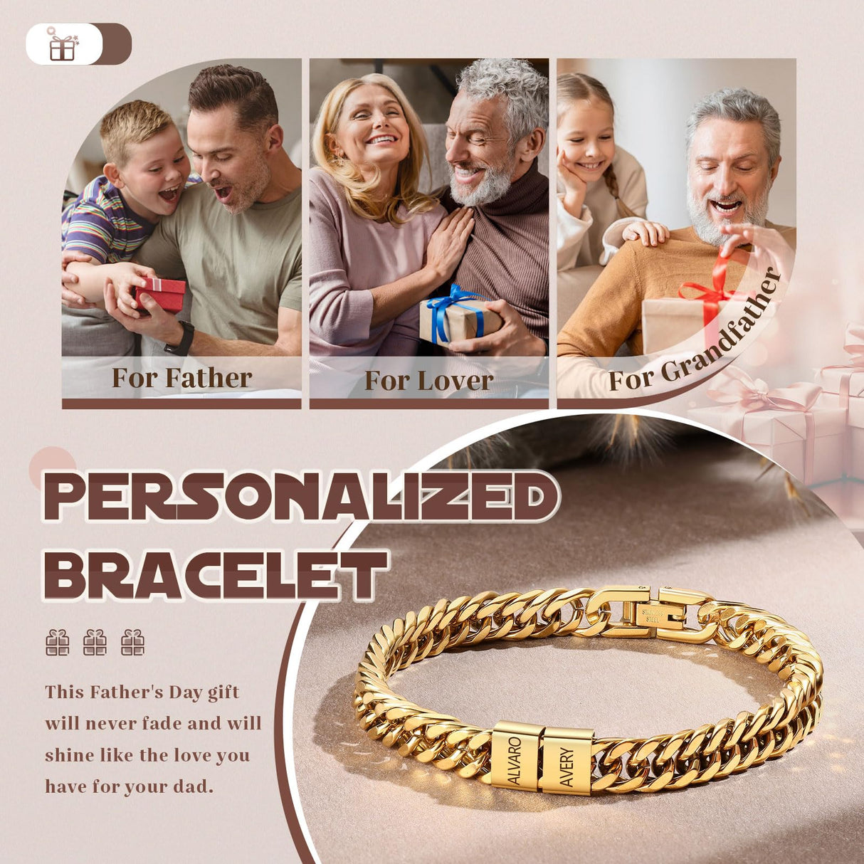 Personalized Cuban Link Bracelet for Men – Stainless Steel Custom Bracelet with Engraved Names Mens Bracelet Gifts for Birthday Anniversary Father’s Day Christmas (Gold-2 Names)