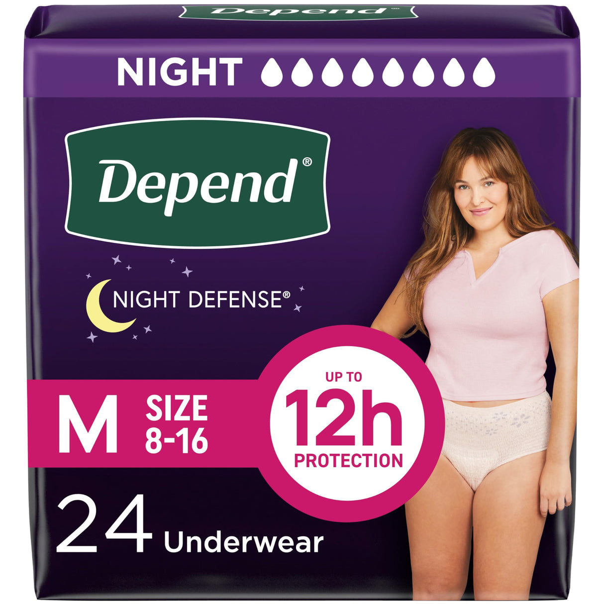 Depend Night Defense Adult Incontinence & Postpartum Bladder Leak Underwear for Women, Disposable, Overnight, Medium, Blush, 24 Count, Packaging May Vary