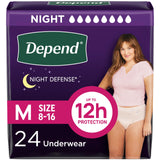 Depend Night Defense Adult Incontinence & Postpartum Bladder Leak Underwear for Women, Disposable, Overnight, Medium, Blush, 24 Count, Packaging May Vary