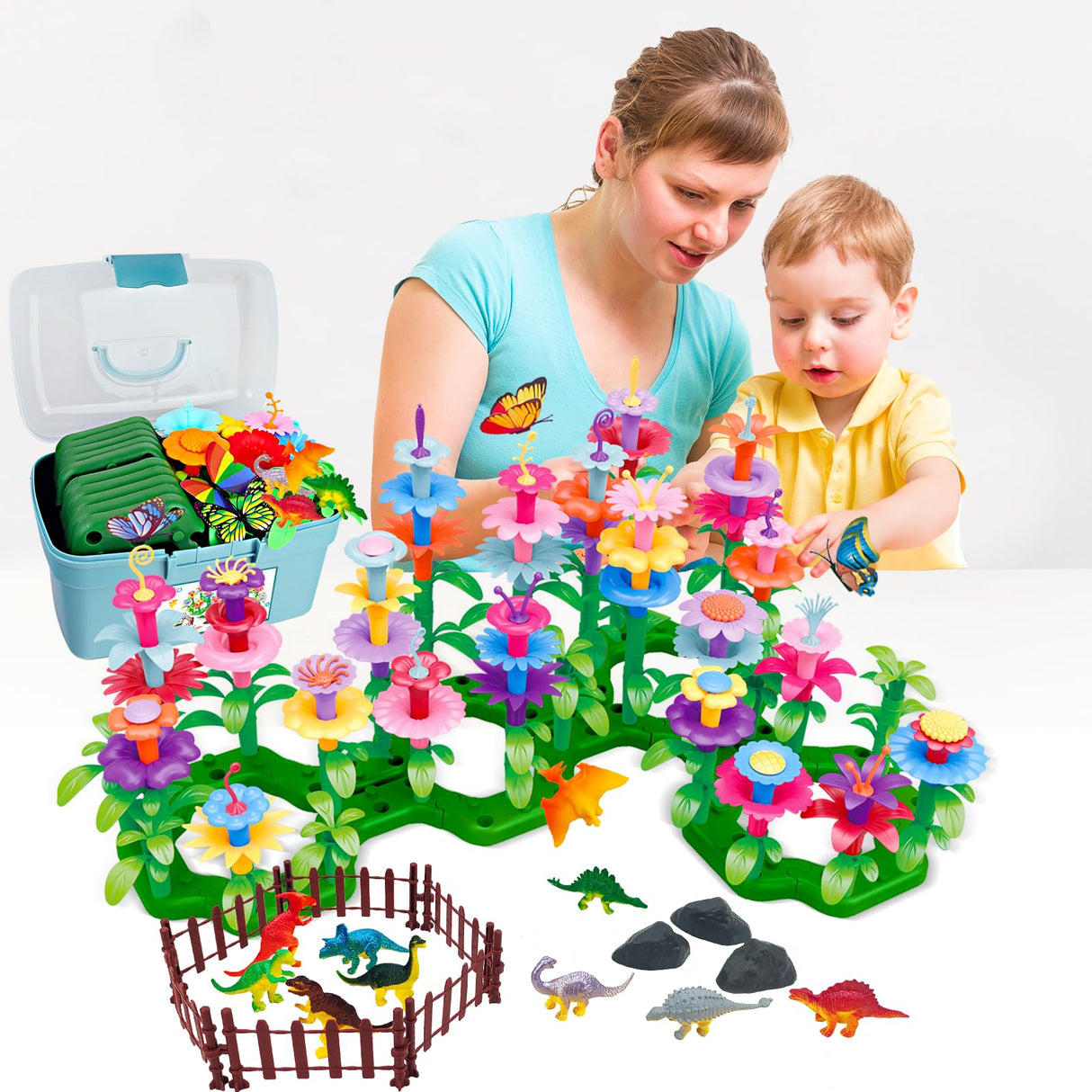 Toys Gifts for Toddlers Boys Girls Age 2 3 4 5 6,167 PCS Dinosaur Flower Garden Building Blocks,STEM Fine Motor Skill Stacking Games,Christmas First 1st Birthday Gifts for Preschool Kids 2+ Years Old