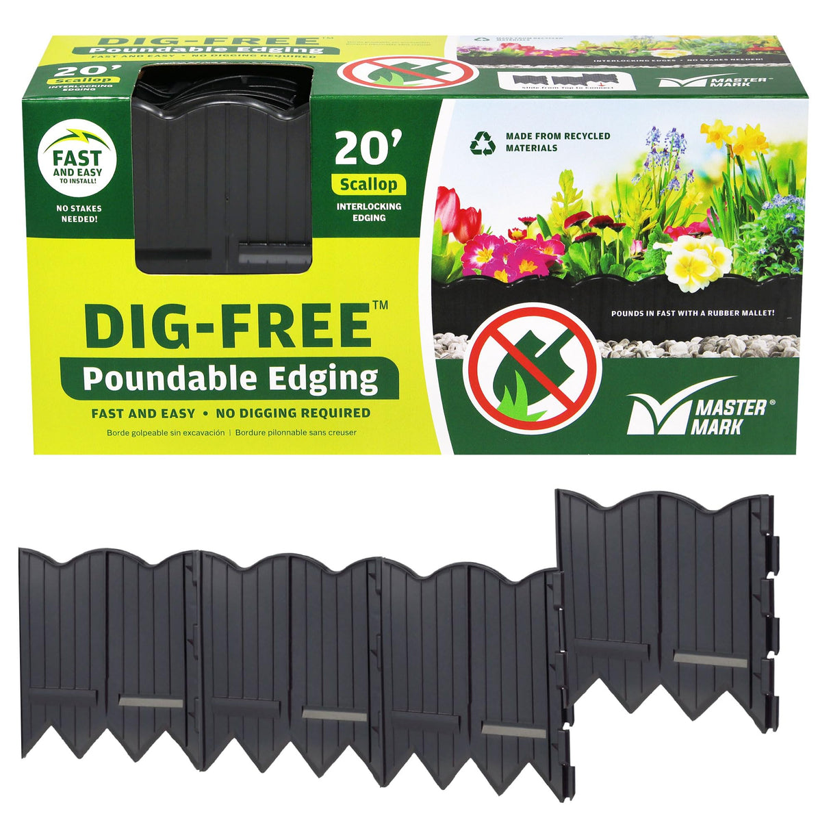Master Mark Dig-Free Poundable Pound-In Landscape Edging, Garden Edging Border, Decorative Scallop Plastic Lawn Edging, 20 ft Coverage