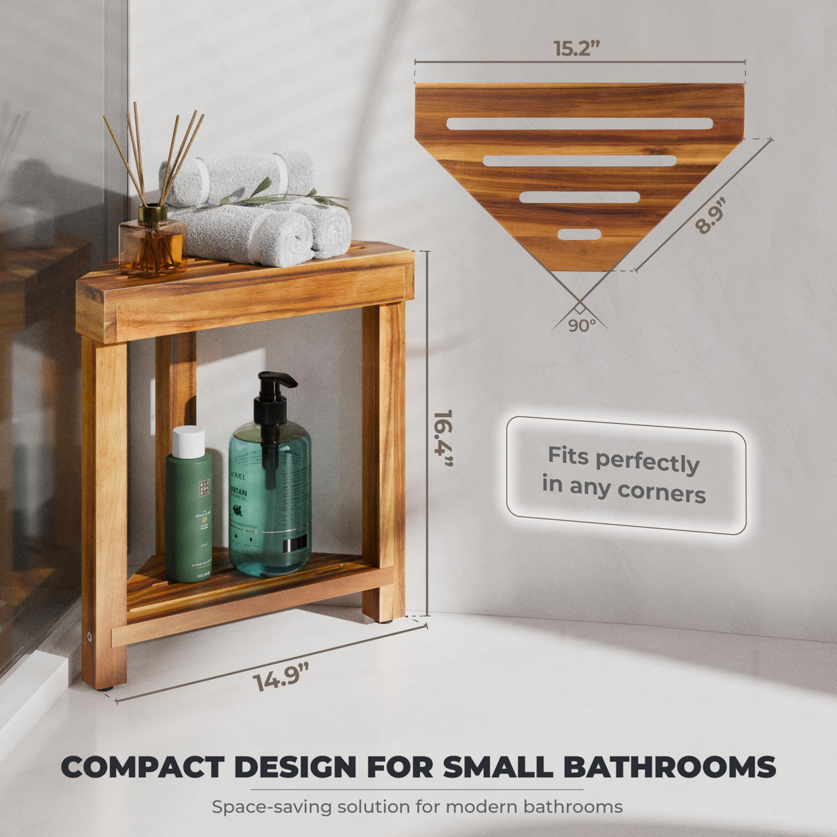 BLUEWEST Shower Foot Rest, Corner Shower Stool, Wooden Shower Foot Stool for Shaving Legs Inside Shower, Waterproof Shower Foot Rest with Storage Shelf for Small Shower Space, Shower Seats and Benches