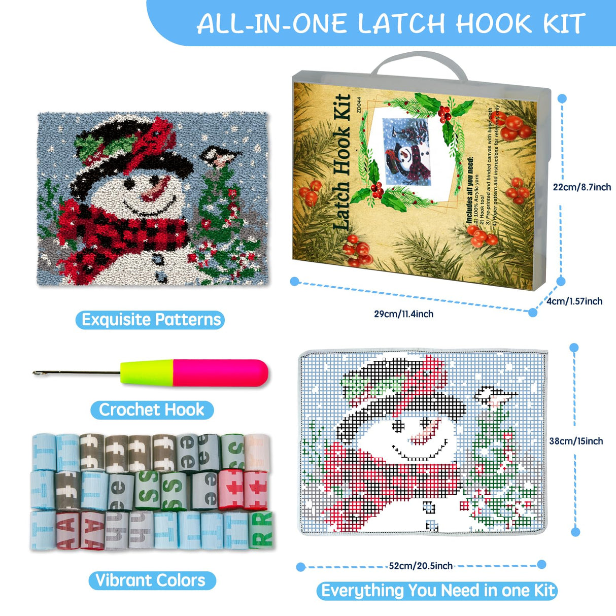 ZFFLYH Christmas Snowman Latch Hook Rug Kits, DIY Rug Crochet Yarn Kits Printed Color Canvas Christmas Decoration and Activity 20.5X15 Inch