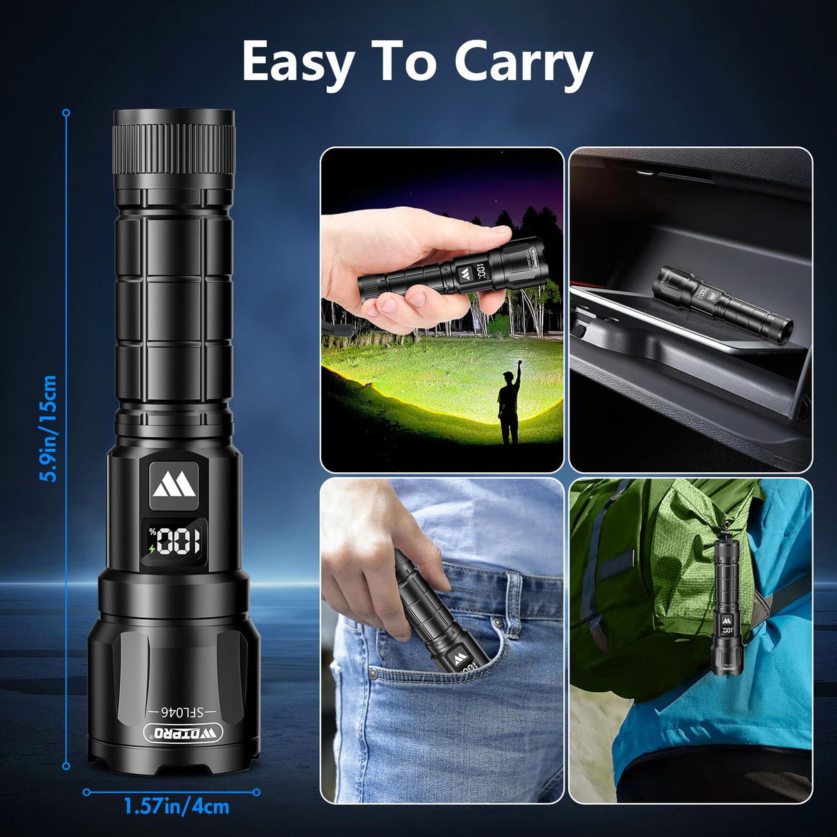 Wdtpro LED Rechargeable Flashlight 2Pack, 3Modes Super Bright High Lumens Flashlights, Zoomable Tactical Flashlight with LCD Display, IP65 Waterproof Flashlights for Home Emergency Camping & Gifts Men