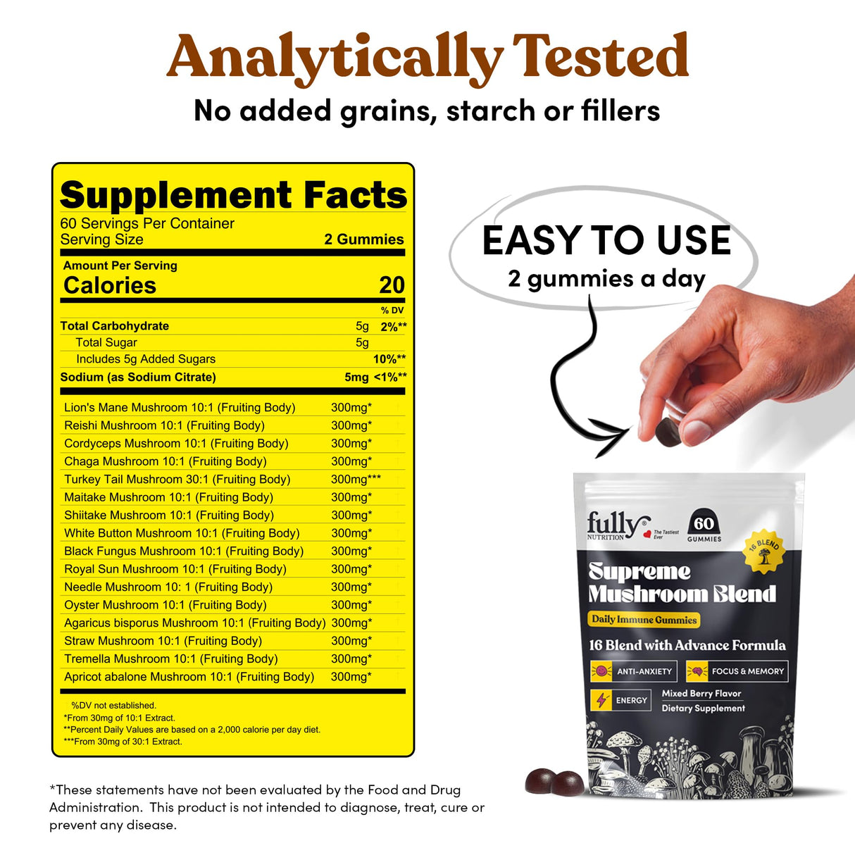 16 in 1 Blend Mushrooms Gummies for Adults - Lion's Mane Mushroom Supplement, Focus Gummies with Lions Mane, Lion's Mane Gummies for Adults, Natural Mushroom Supplement for Cognitive Support & Clarity