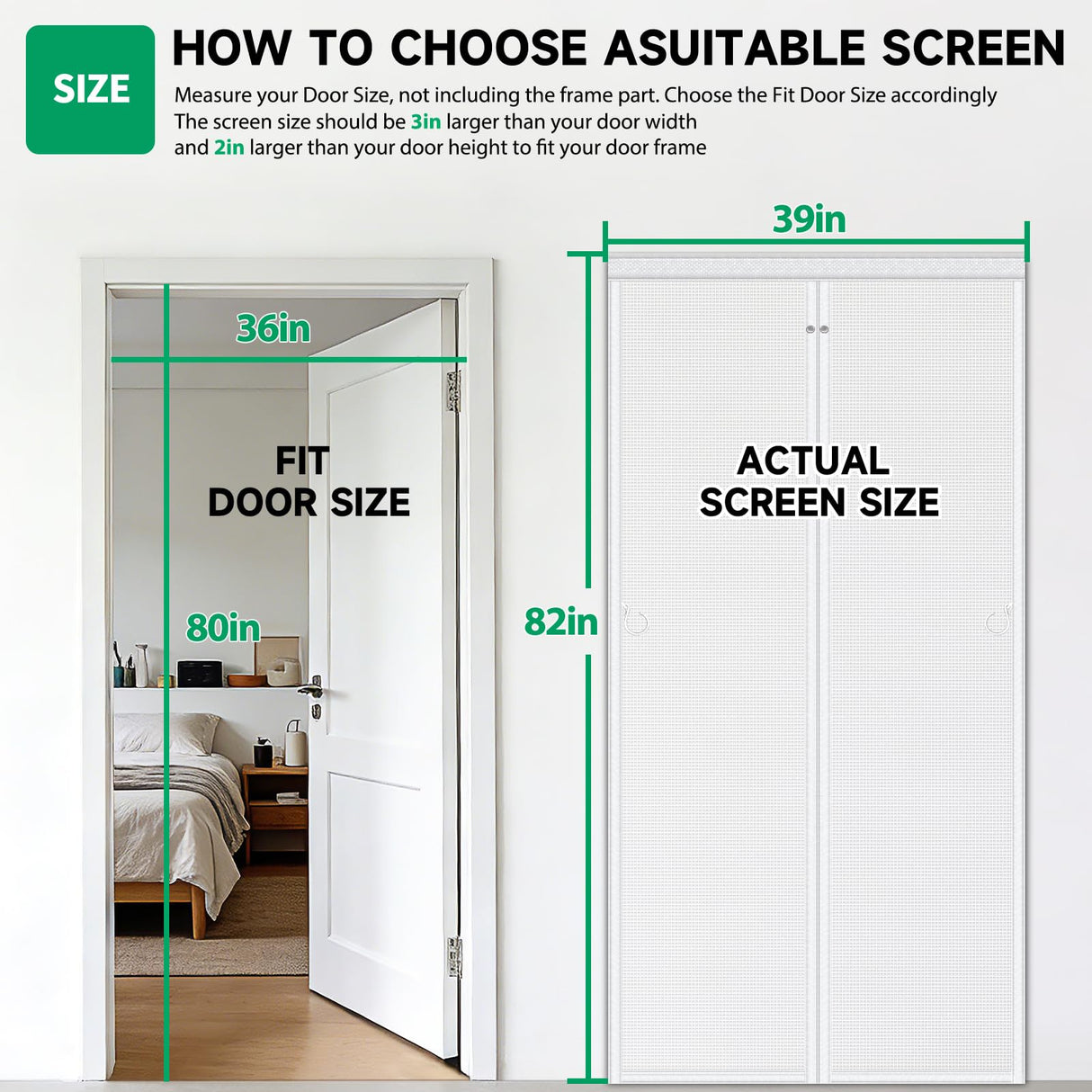 HOFUDON Upgraded Magnetic Screen Door, Heavy Duty Fiberglass Mesh, Quick Close Full Strip Magnets, Door Screen Magnetic Closure for Single Door Size 36 x 80 Inch, Screen Door Size 39 x 82 Inch White
