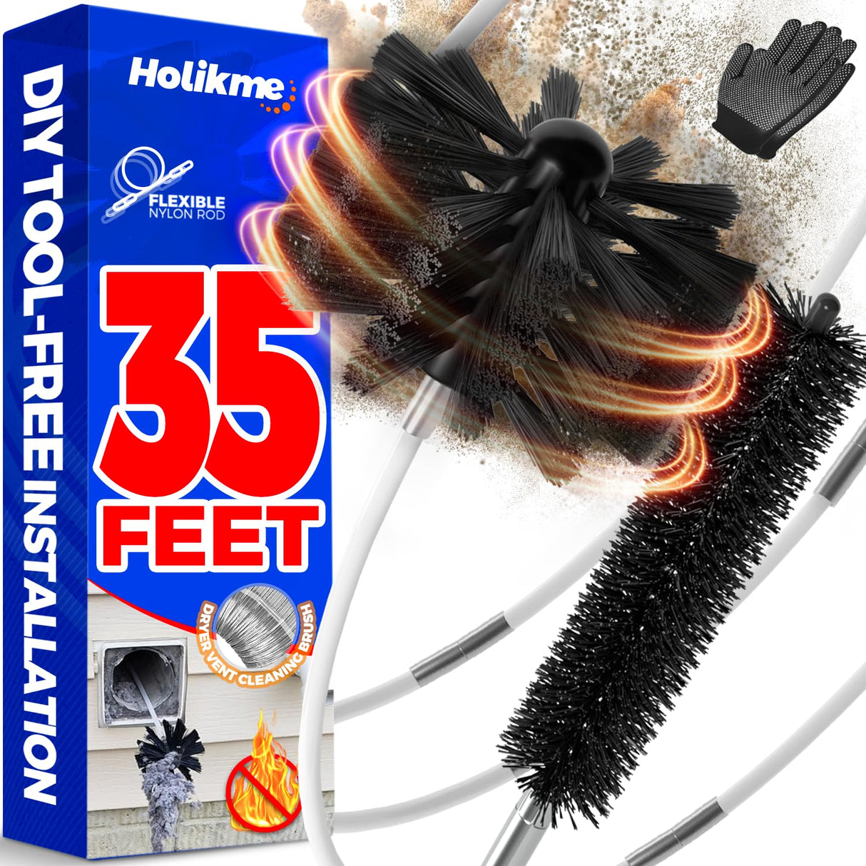 Holikme 35Feet Dryer Vent Cleaner Kit - Lint Remover,Fireplace Chimney Brushes,Replacement Parts,Duct Cleaning,Flexible Lint Brush with Drill Attachment×2,Use with or Without a Power Drill