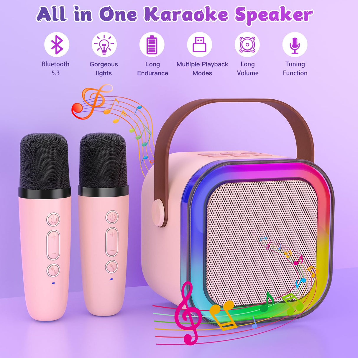 Mini Karaoke Machine for Kids, Haomuren Protable Bluetooth Speaker with 2 Wireless Microphone and LED Color Lights, Christmas Birthday Gifts Toys for Girls Boys Friends Age 3-12+ Years Old (Pink)