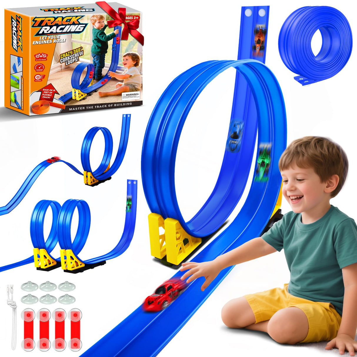 Flexible Race Track Toy Set: 15ft DIY Bendable Ramp with Suction Cups – Portable Roll-Up Car Track for Kids Compatible with 1:64 Diecast Cars – Birthday Christmas for Boys Girls Ages 3+