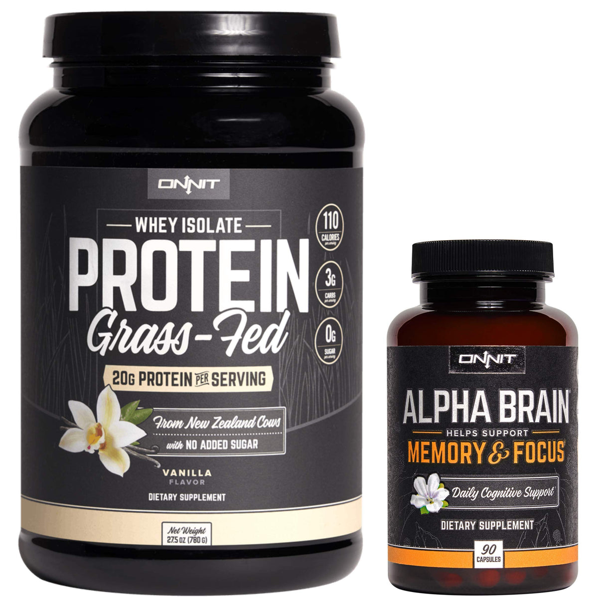 ONNIT Nootropic + Sports Nutrition Stack - Alpha Brain (90ct) + Grass Fed Whey Protein (Vanilla)