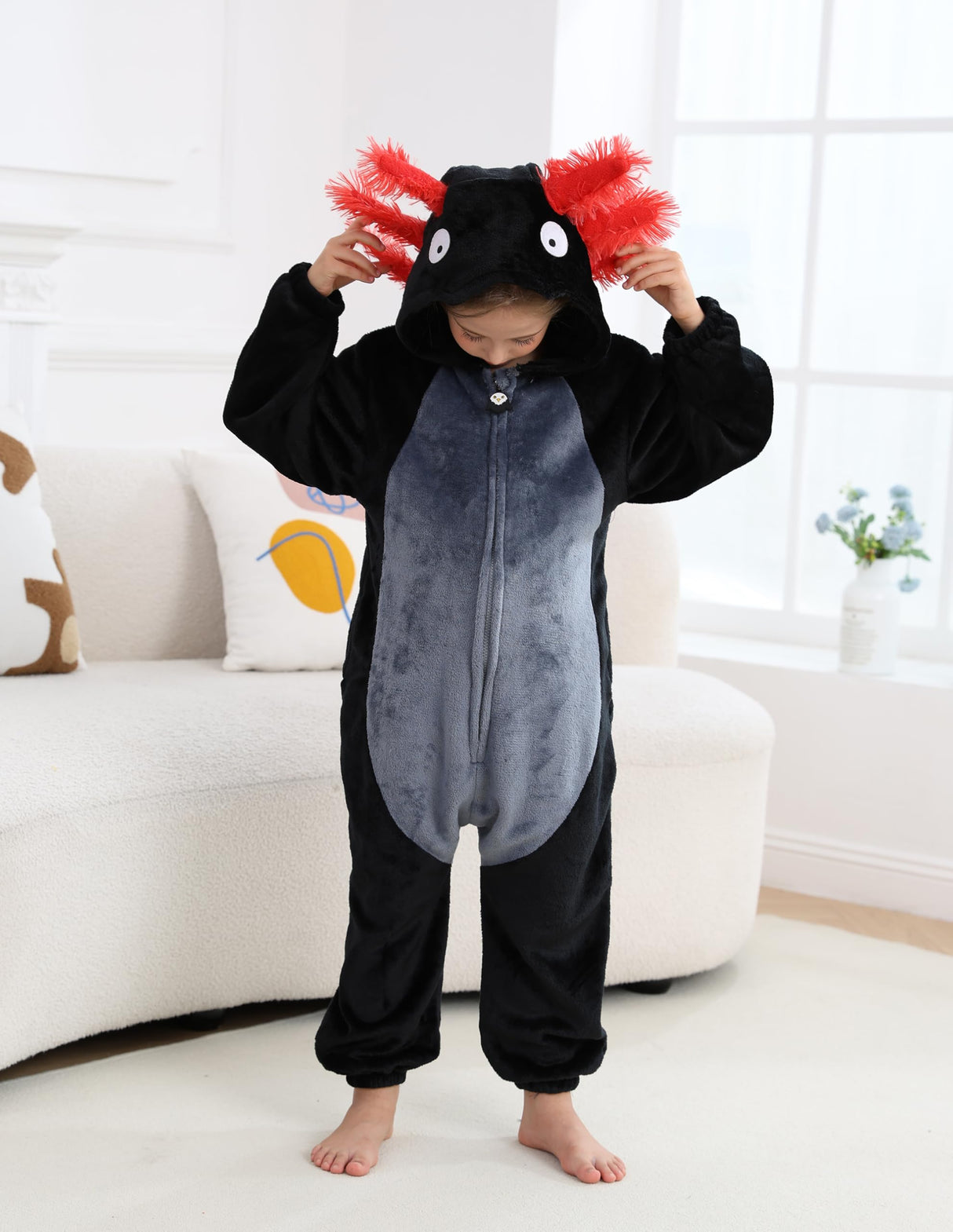CuteOn Black-Red Axolotl Onesie Kids Animal Pajamas for Boys Girls Halloween Christmas Costume Cosplay Sleepwear Height for 140cm