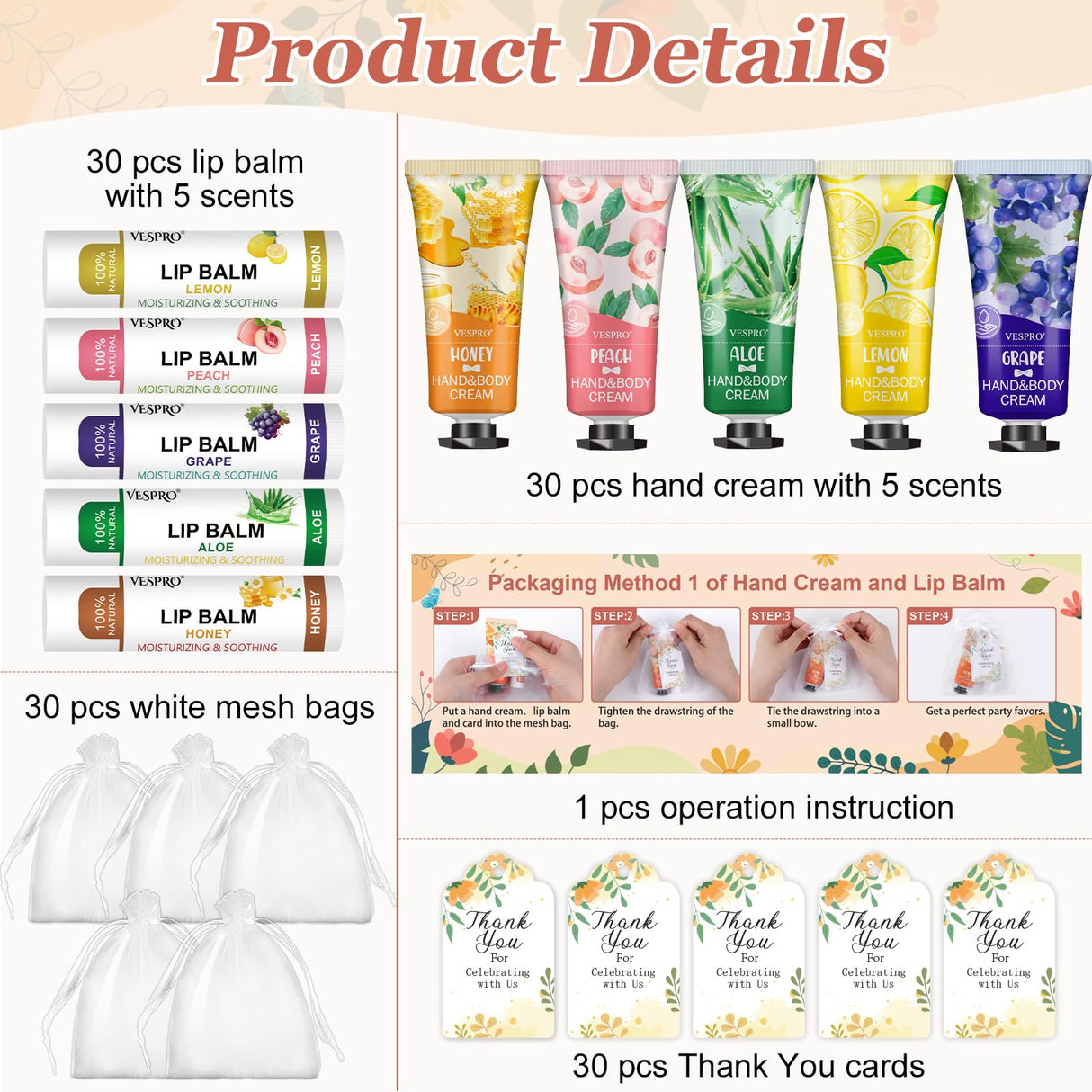 30 Sets Bulk Hand Cream and Bulk Lip Balm Gifts, Stocking Stuffers for Women, Wedding Favors for Guests with Thank You Card and Organza Bags, Christmas Gifts, Employee Appreciation Gifts