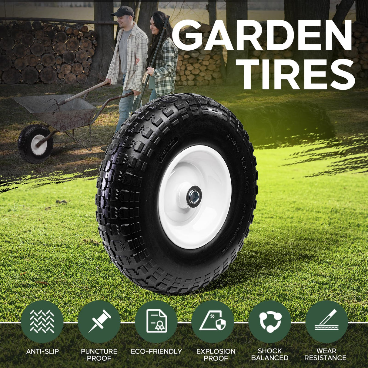 Taifa 4 PCS 13 Inch Solid Flat Free Replacement Tires and Wheels 4.00-6 with 5/8'' Bearing and 2.17'' Offset Hub, Air Less Wheel for Wheelbarrow/Wagon/Hand Truck/Trolley/Garden Scooter etc.