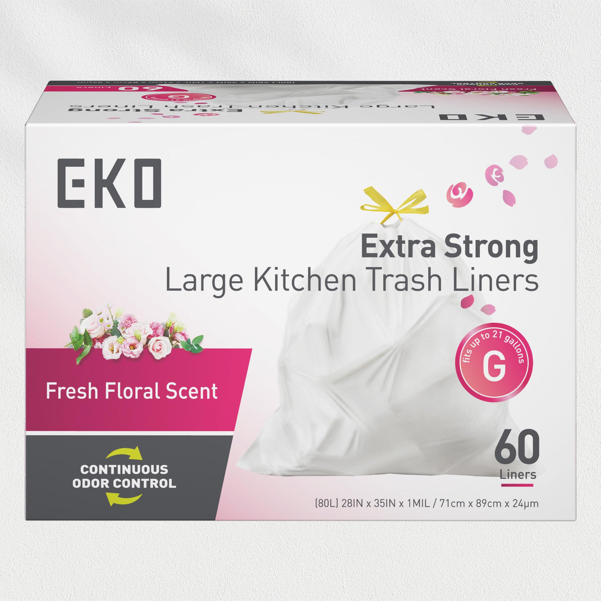 EKO 21 Gallon / 80 Liter Drawstring Trash Bags, Extra-Strong Garbage Bags, Fresh Floral Scent with Continuous Odor Control, 60 Count Easy-Dispense Roll for Kitchen and Household Use, Code G, White