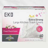 EKO 21 Gallon / 80 Liter Drawstring Trash Bags, Extra-Strong Garbage Bags, Fresh Floral Scent with Continuous Odor Control, 60 Count Easy-Dispense Roll for Kitchen and Household Use, Code G, White
