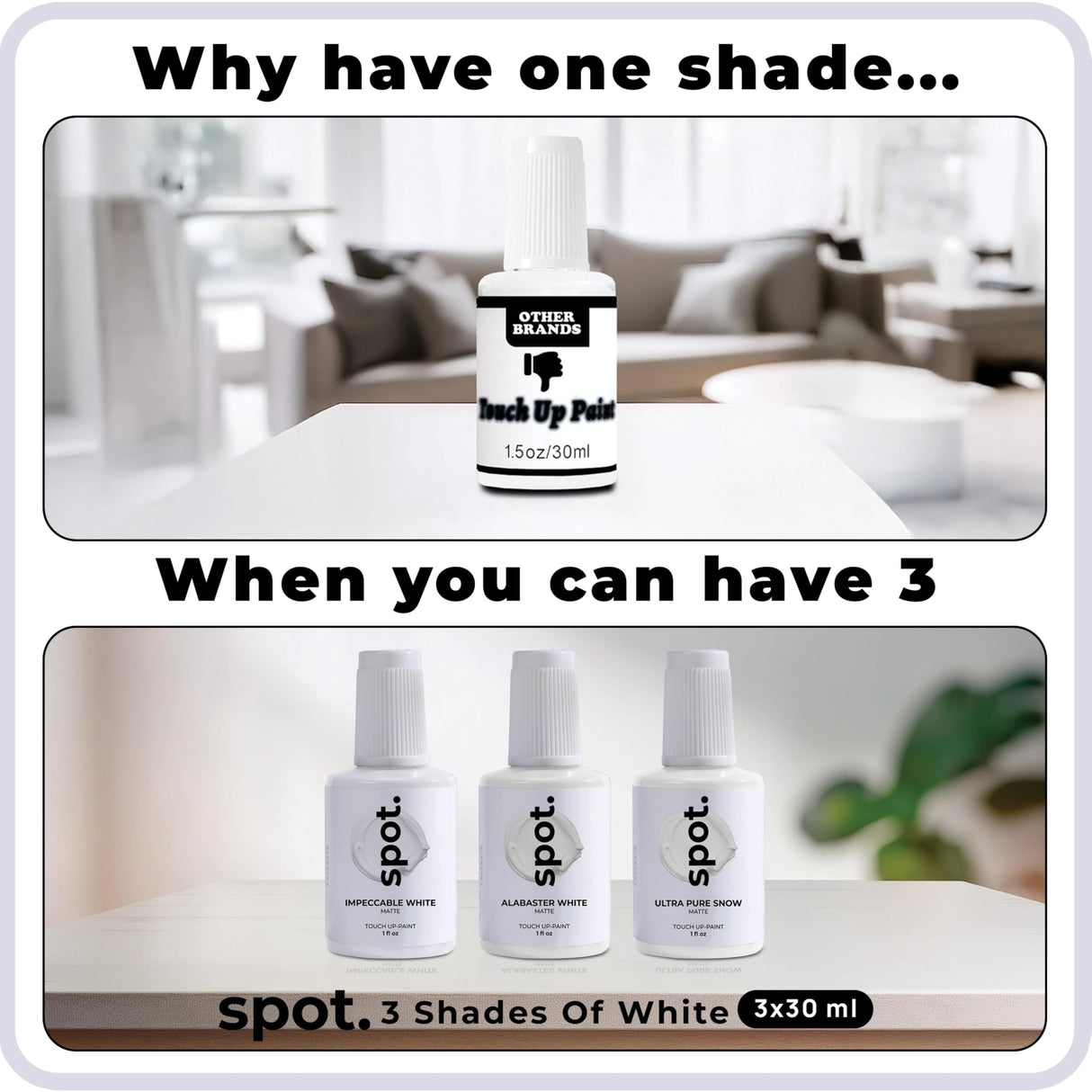 spot. Touch-Up Paint | Matte Finish for Cabinets, Walls, Doors & Furniture | Multi-Tone White Repair Kit | Quick-Dry, Self-Priming, Low-Odor, Eco-Friendly | No-Sanding or Primer Needed | 3 Pack