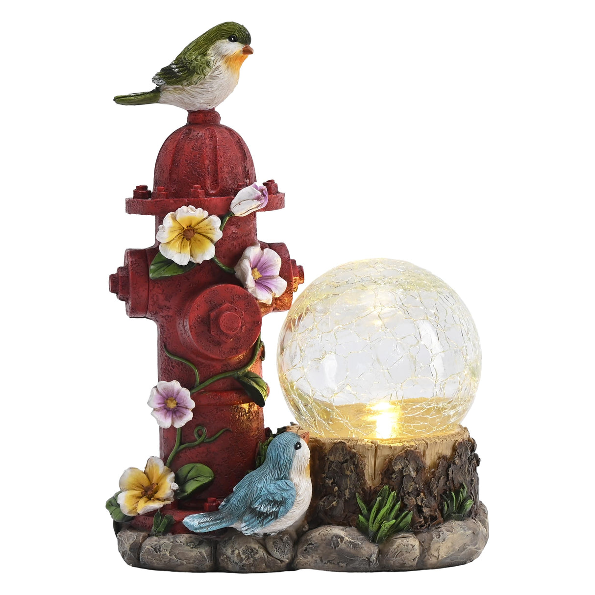 TERESA'S COLLECTIONS Garden Decor, Cute Birds and Hydrant Garden Statue with Solar Light Glass Ball, Waterproof Resin Outdoor Statue, Cute Bird Decor, Garden Gift for Women Mom, Indoor/Outdoor