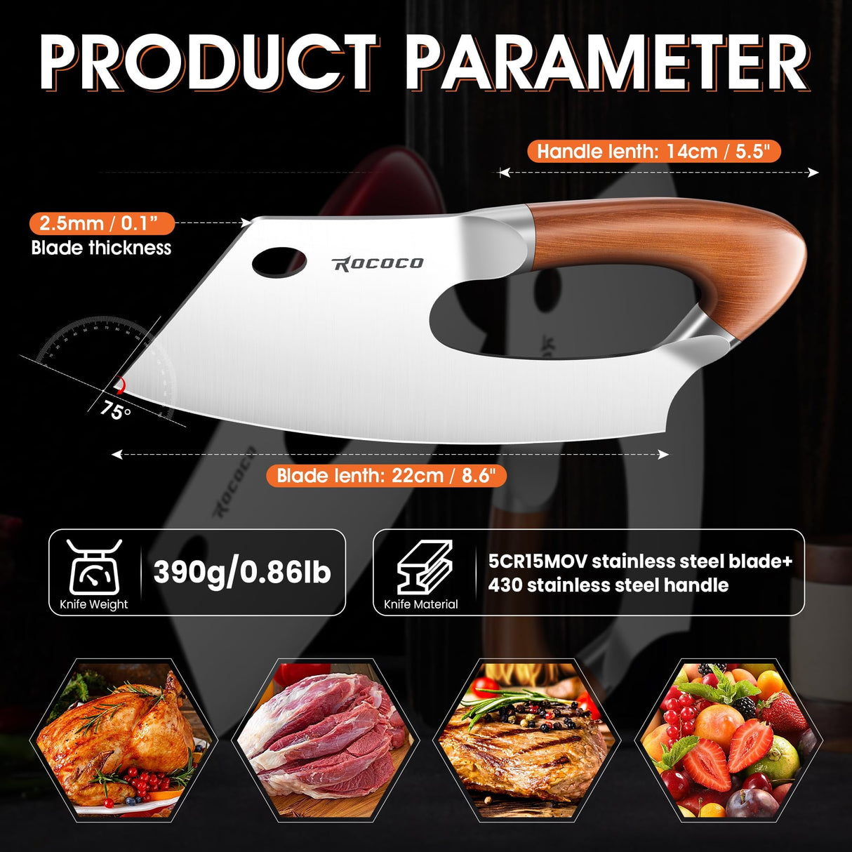 ROCOCO Meat Cleaver Knife Unique Effort Saving Kitchen Knife Professional Stainless Steel Chef Cooking Knives for Cutting Meat Vegetable Father Mother Christmas Gift Bronze