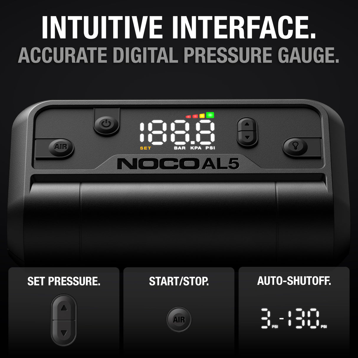NOCO Air AL5: Cordless Tire Inflator – Portable Rechargeable Air Compressor with USB-C – 17 LPM Inflates 0–40 PSI in 7 Minutes – Digital Gauge + Auto-Shutoff – For Tires up to 31-Inches