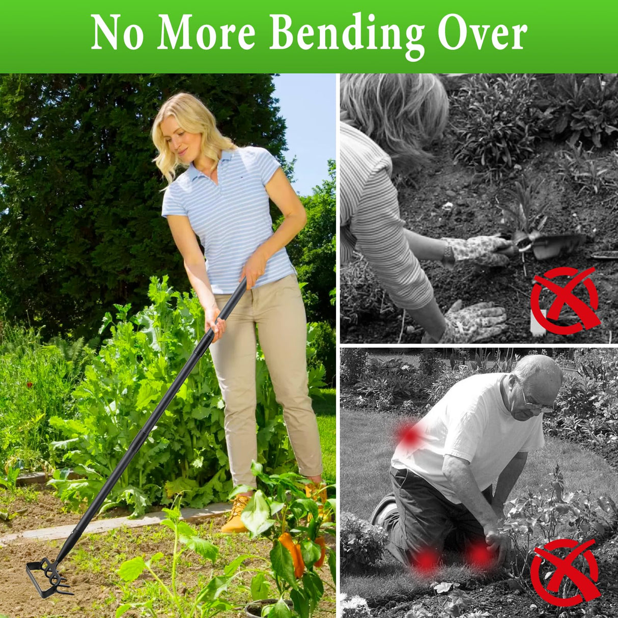 Garden Hoe with Rake, 37-82" Adjustable Long Handle Stirrup Weeder Hoe & 4-Tine Cultivator, Heavy Duty Scuffle Loop Hoe for Fast Weeding, Soil Loosening, Flower Beds, Vegetable Gardens