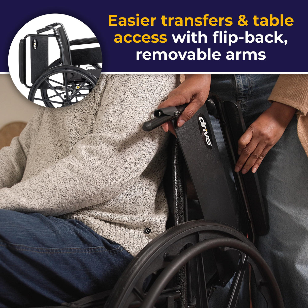 Drive Medical K318DFA-ELR Cruiser III Lightweight Folding Wheelchair with Flip Back Detachable Full Arms and Elevating Leg Rest (Black, 18 Inch, 39lbs)