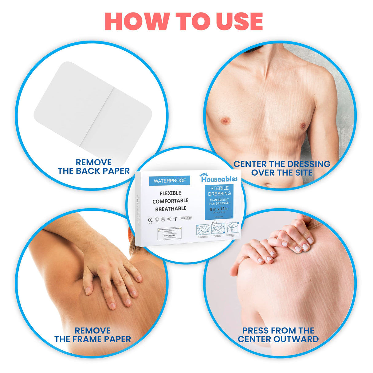 Houseables Waterproof Bandages, Transparent Film Dressing, Waterproof Bandages Post Surgical, Wound Covers for Showering, Swimming Tattoo Cover, After Surgery Protector, Clear, Large, 8x12, 10 Pack