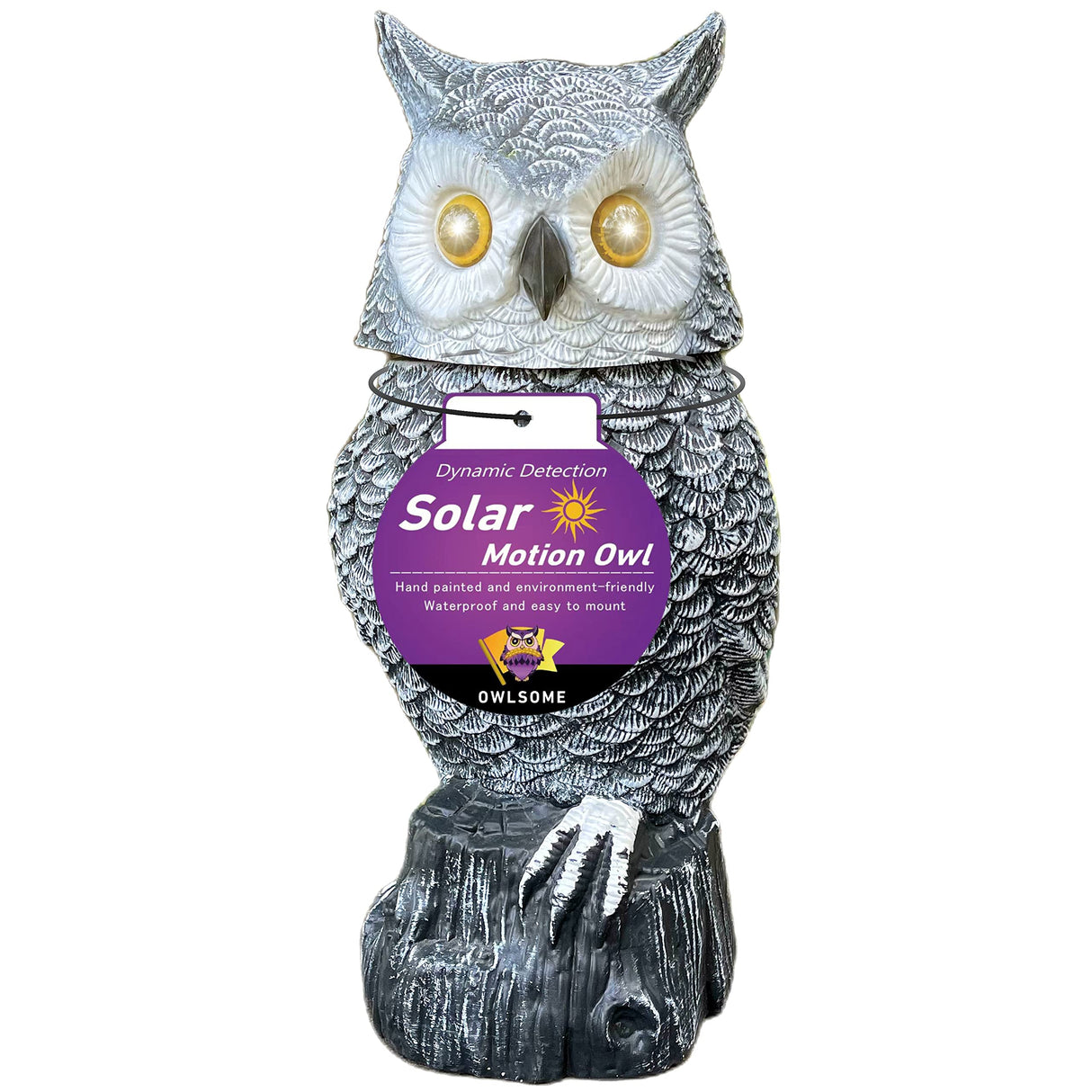 Owlsome Solar Snowy Owl with Flashing Eyes, Rotating Head, Hooting, Motion Detector and Silent Mode, Plastic Owl Garden Sculpture, Garden Decoration