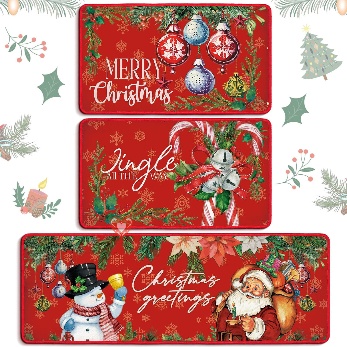 Drydiet 3 Pcs Christmas Kitchen Rugs and Mats Set Xmas Winter Farmhouse Non Slip Rugs Christmas Snowman Candy Holly Berries Floor Mats for Kitchen Home Hallway Holiday Decor, 17 x 29 and 17 x 47 Inch