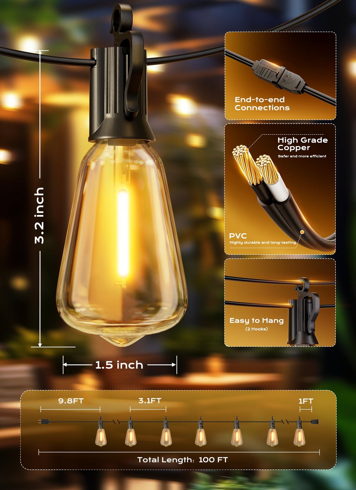 Outdoor-String-Lights-Patio-Lights, 100FT ST38 Shatterproof Dimmable Waterproof Connectable LED Christmas Lights, Hanging Outside Light for Backyard, Porch, Deck, Balcony, Garden, Home Decor